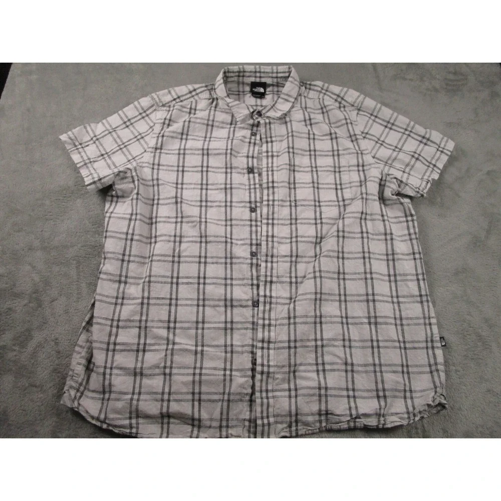 North Face Shirt Mens XXL White‎ Plaid Outdoor Button Up Short Sleeve